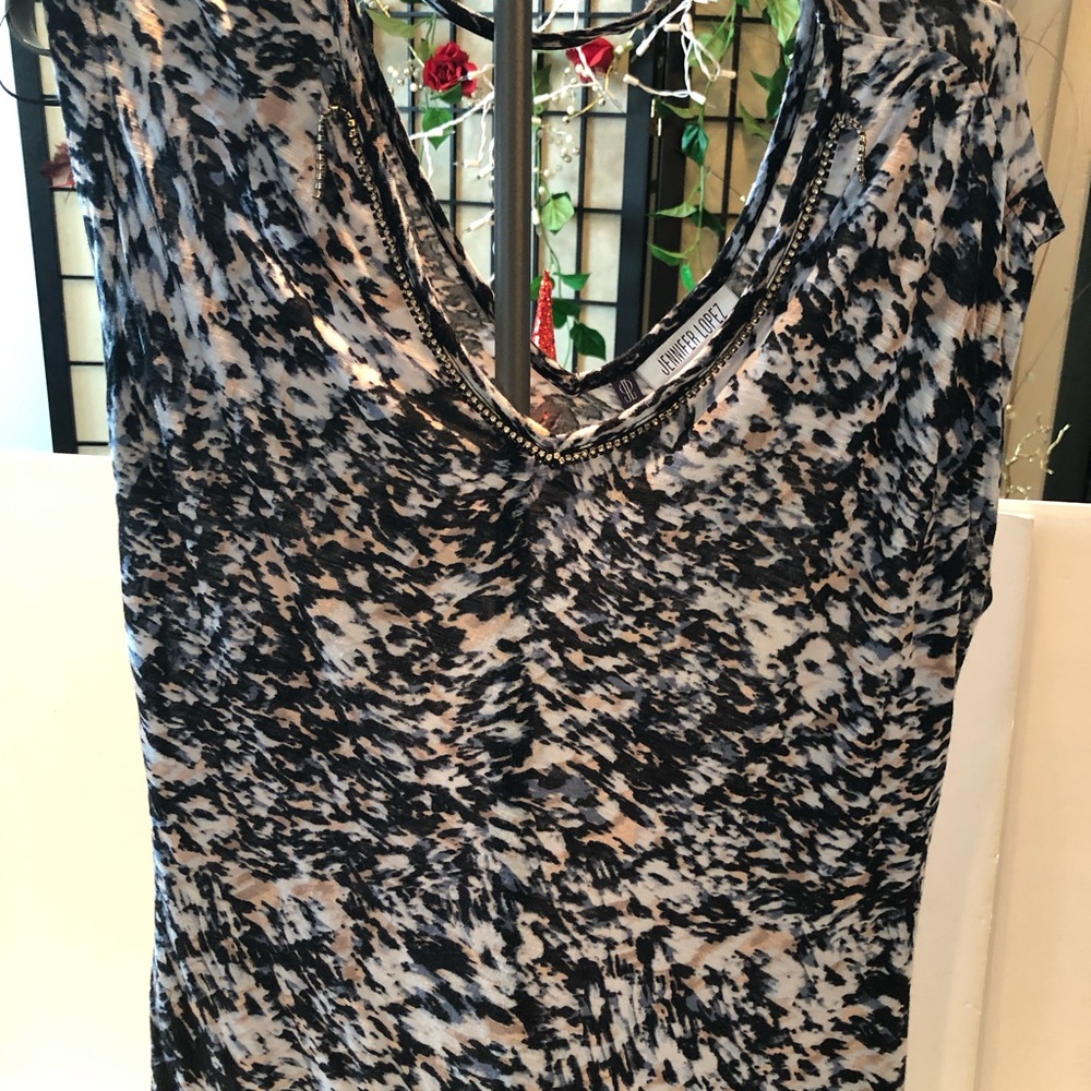 Jennifer Lopez Black White Tan Printed Scoop Neck Top